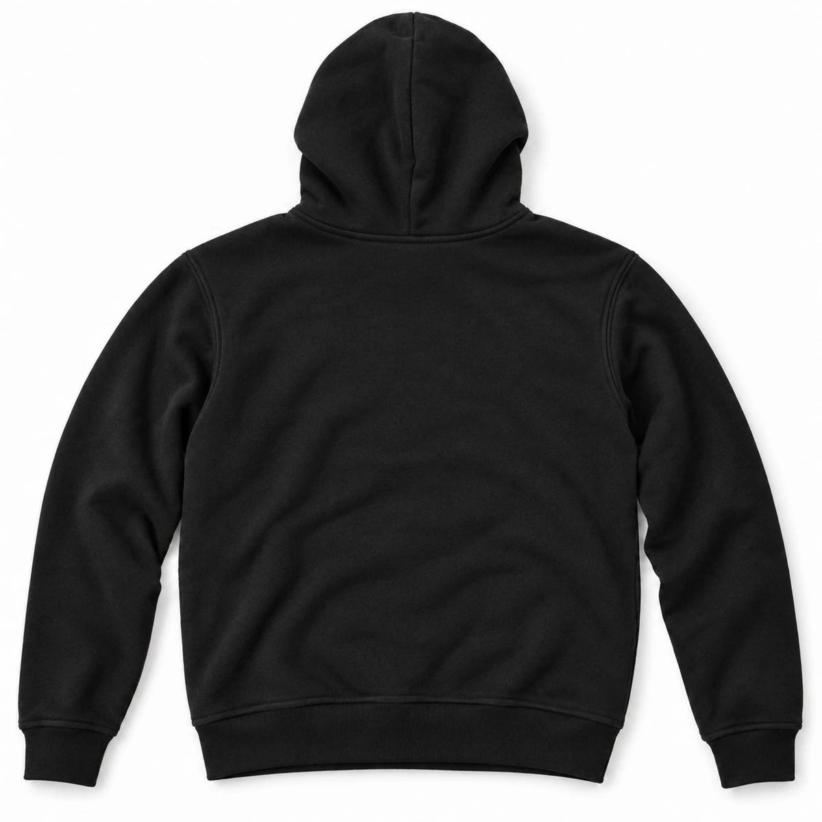 MOMANI Essential Hoodie in Black, laid flat, back view