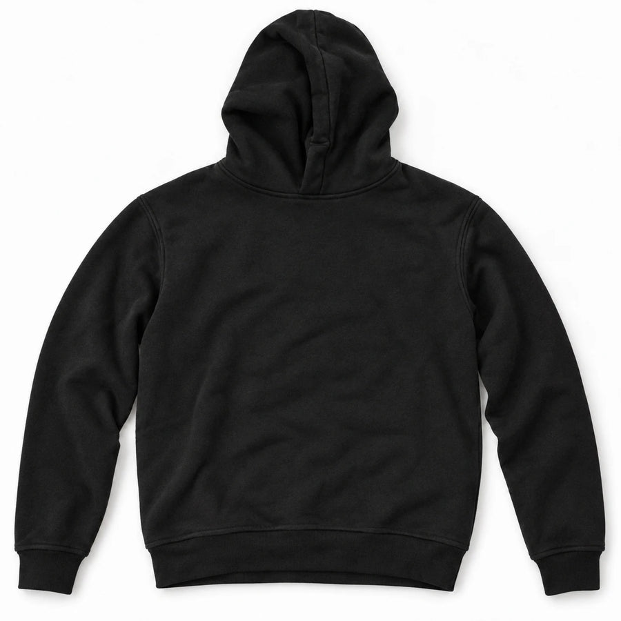 MOMANI Essential Hoodie in Black, laid flat, front view
