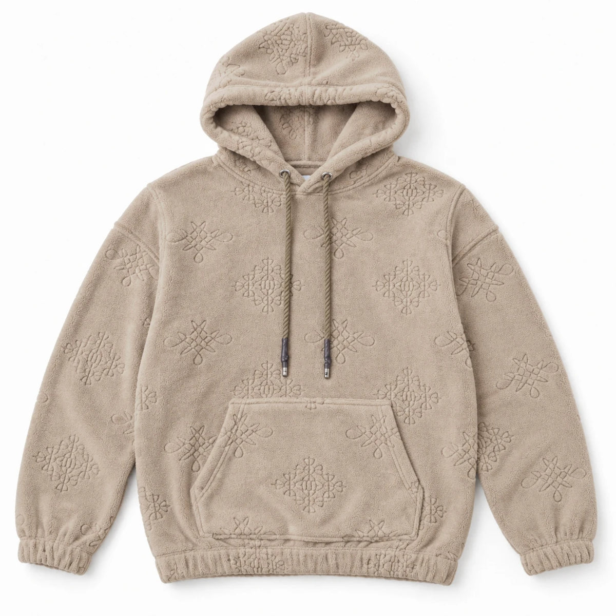 MOMANI Emblem Jacquard Hoodie in Cream, laid flat, front view