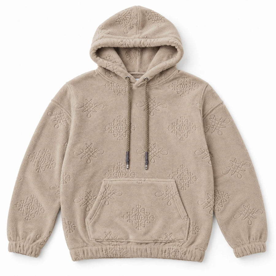 MOMANI Emblem Jacquard Hoodie in Cream, laid flat, front view