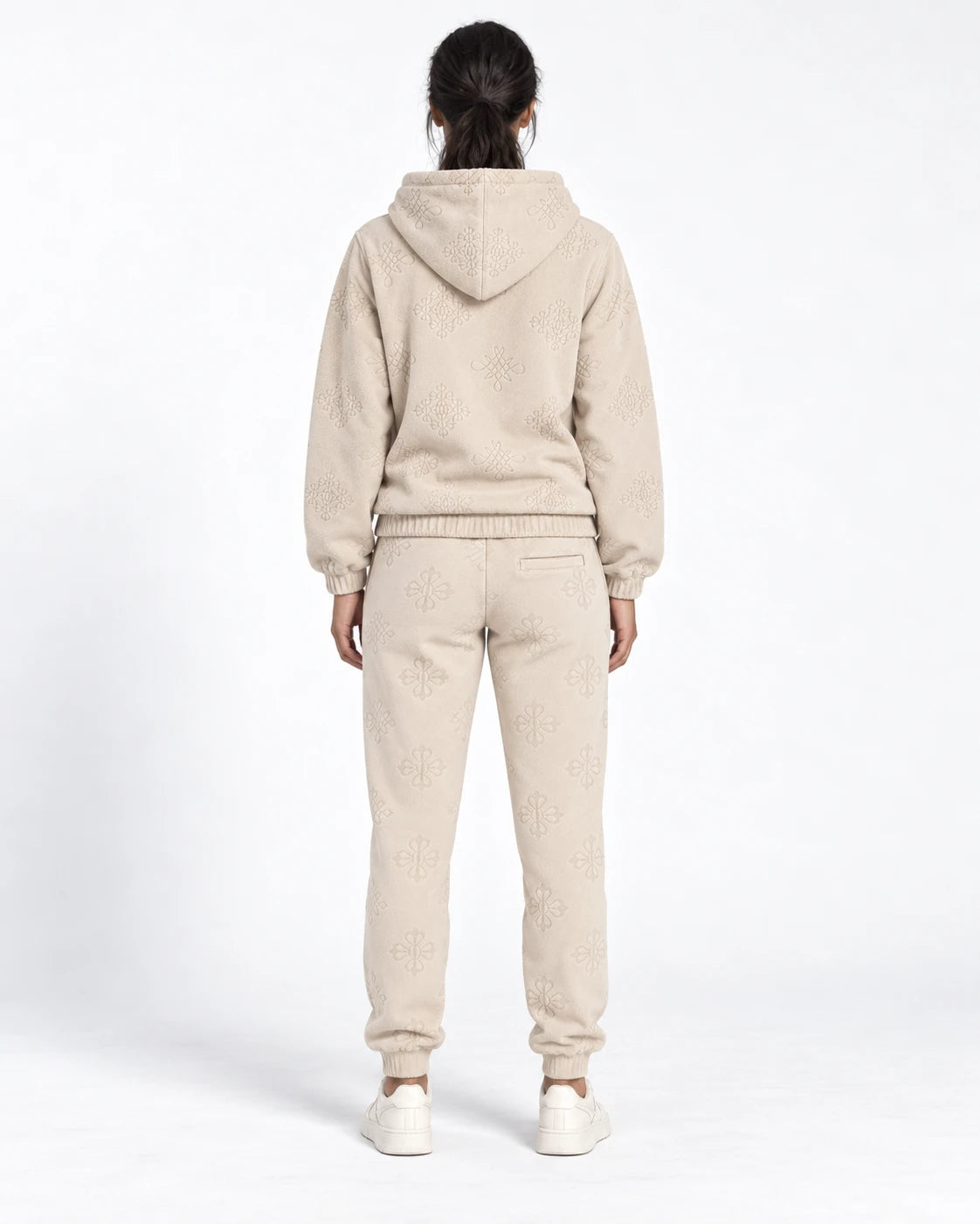MOMANI Emblem Jacquard Hoodie in Cream, worn by a model, back view