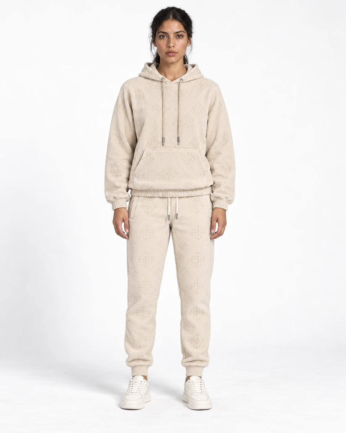 MOMANI Emblem Jacquard Hoodie in Cream, worn by a model, front view