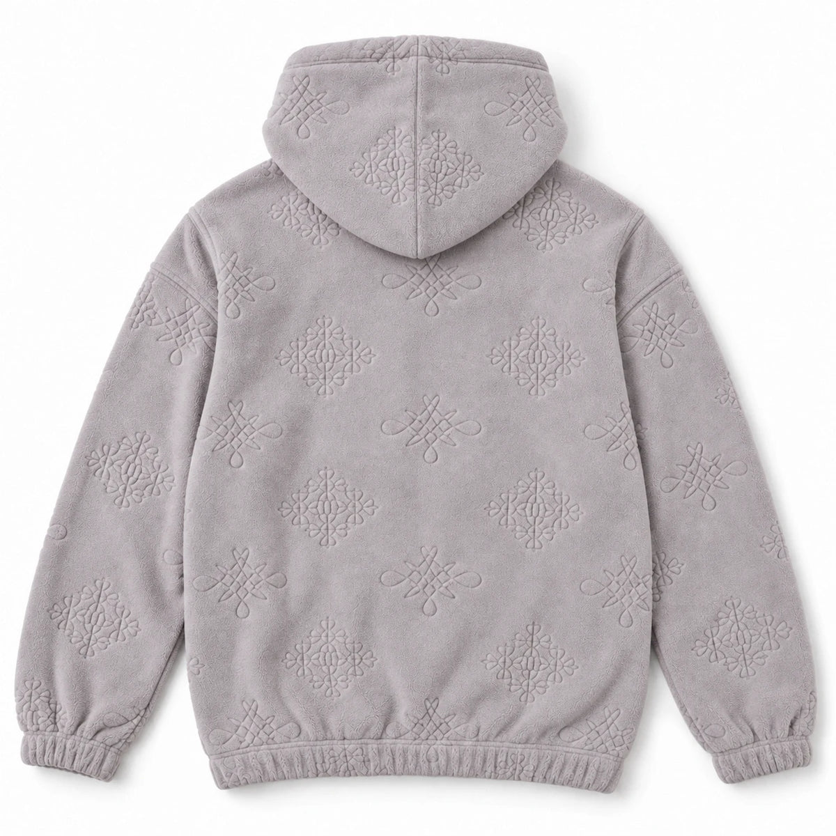 MOMANI Emblem Jacquard Hoodie in Grey, laid flat, back view