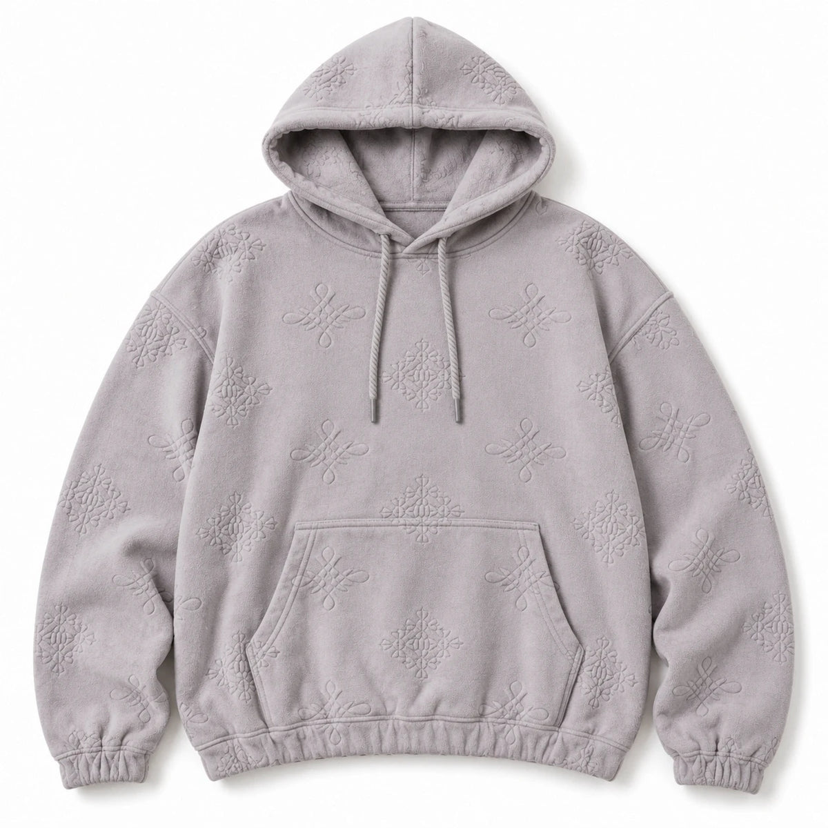 MOMANI Emblem Jacquard Hoodie in Grey, laid flat, front view