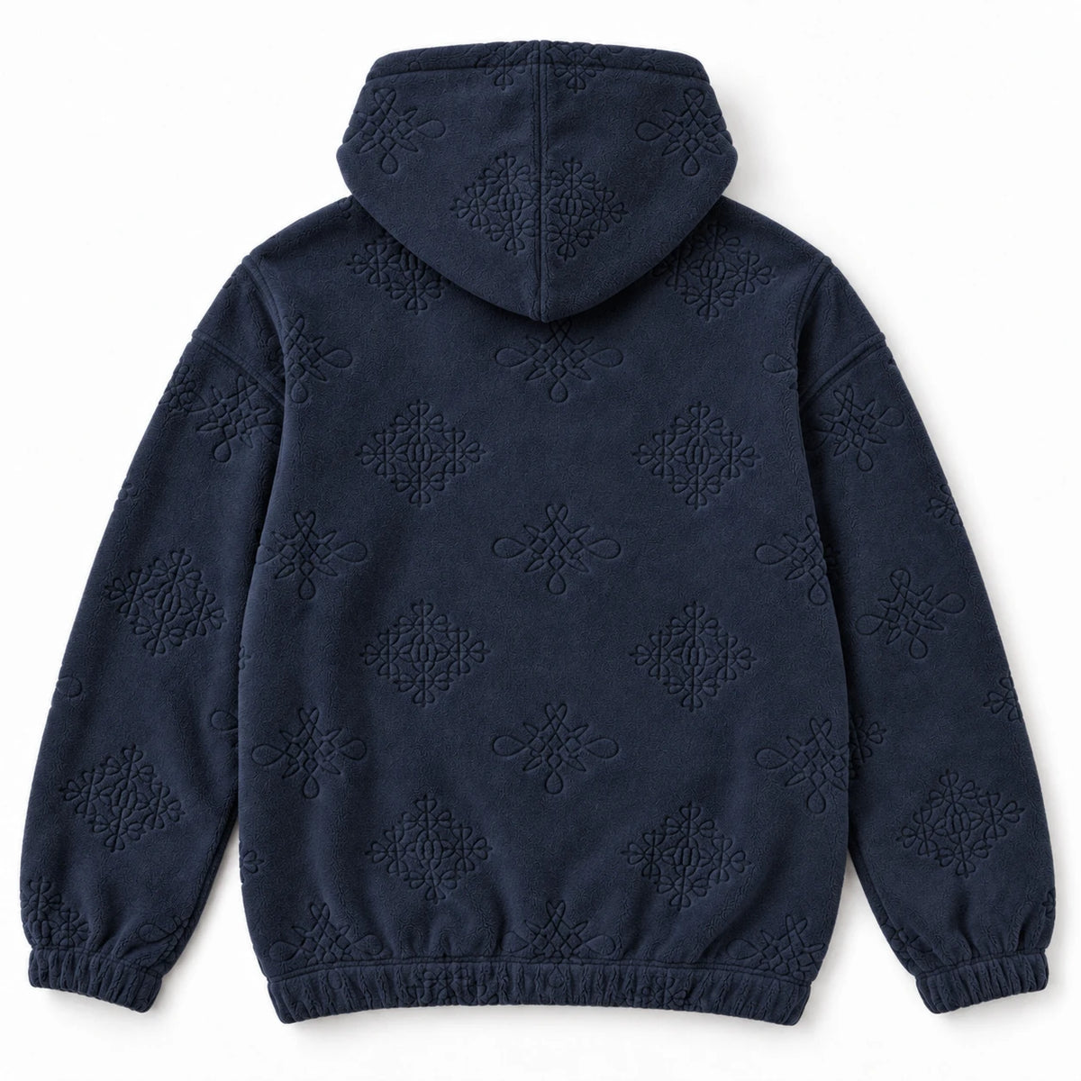 MOMANI Emblem Jacquard Hoodie in Navy, laid flat, back view