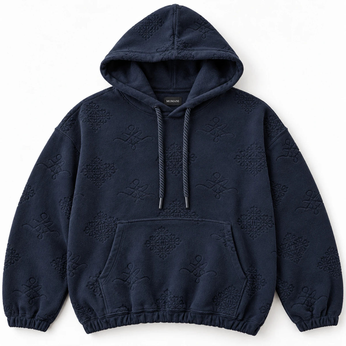 MOMANI Emblem Jacquard Hoodie in Navy, laid flat, front view