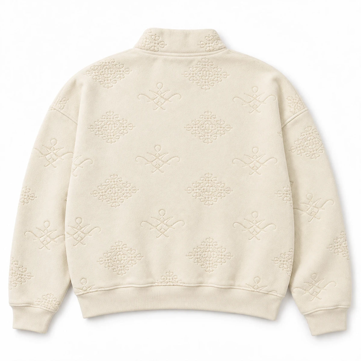 MOMANI Emblem Quarter-Zip Sweatshirt in Cream, laid flat, back view