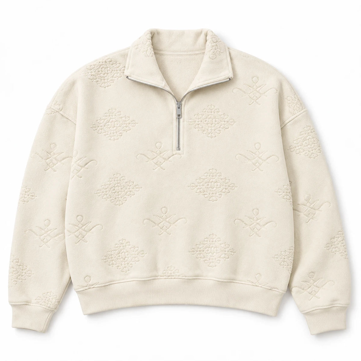MOMANI Emblem Quarter-Zip Sweatshirt in Cream, laid flat, front view