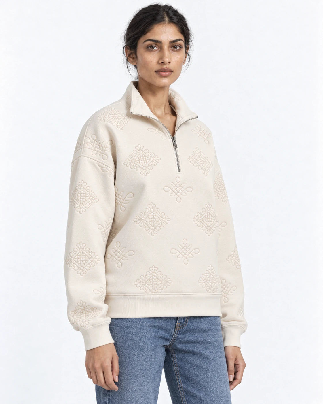 MOMANI Emblem Quarter-Zip Sweatshirt in Cream, worn by a model, close detail