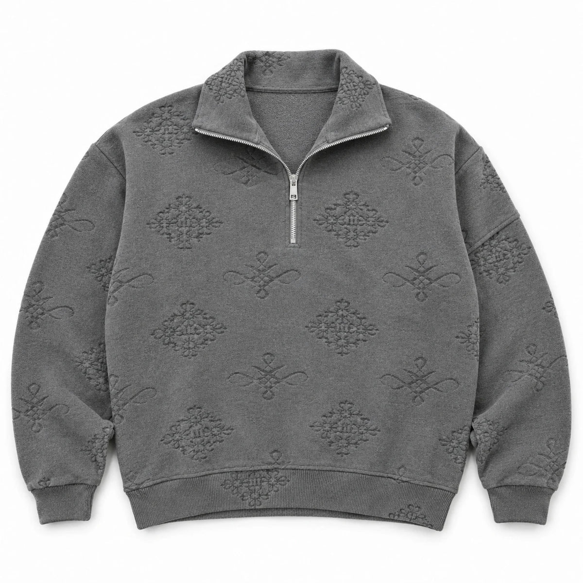 MOMANI Emblem Quarter-Zip Sweatshirt in Grey, laid flat, front view
