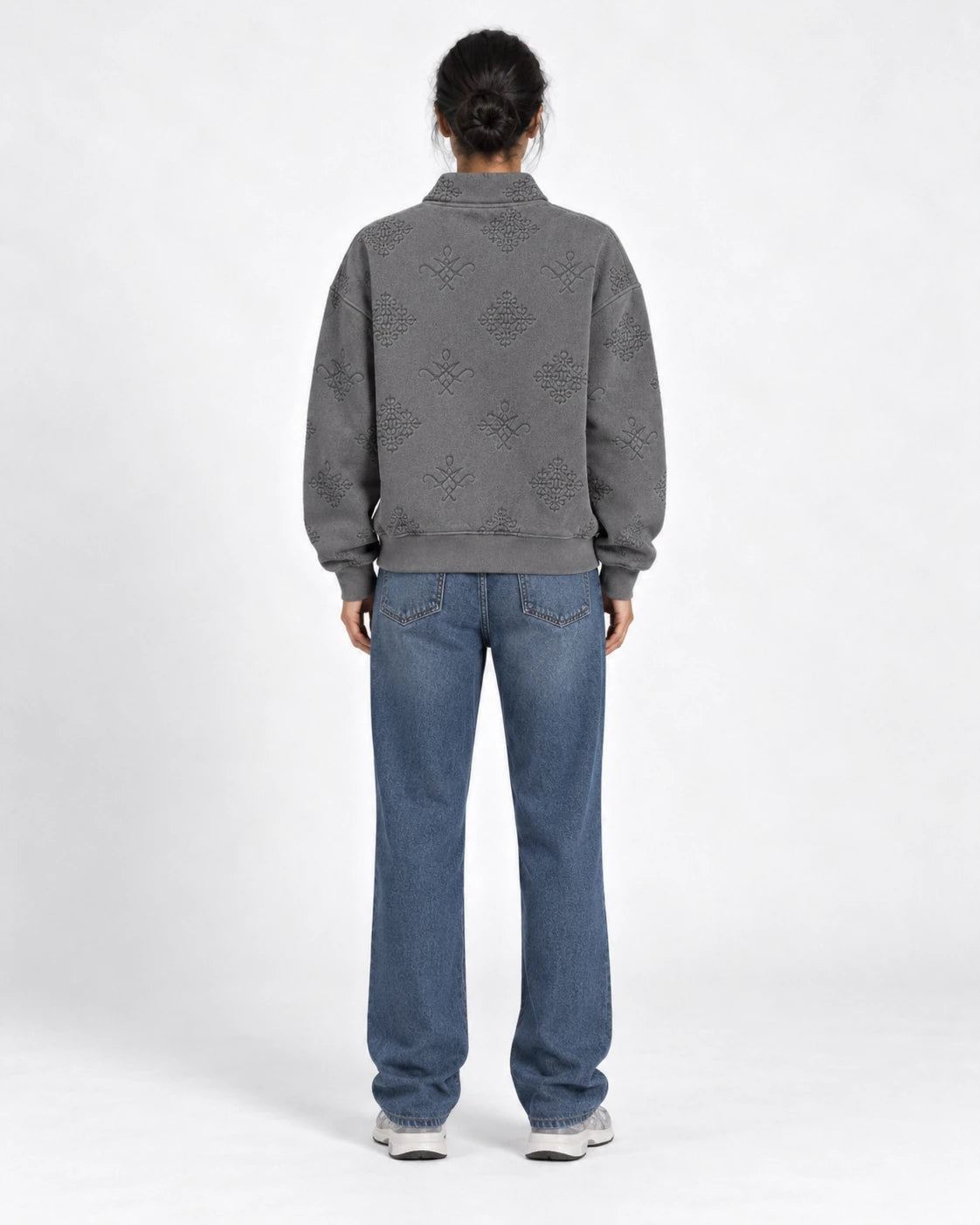 MOMANI Emblem Quarter-Zip Sweatshirt in Grey, worn by a model, back view