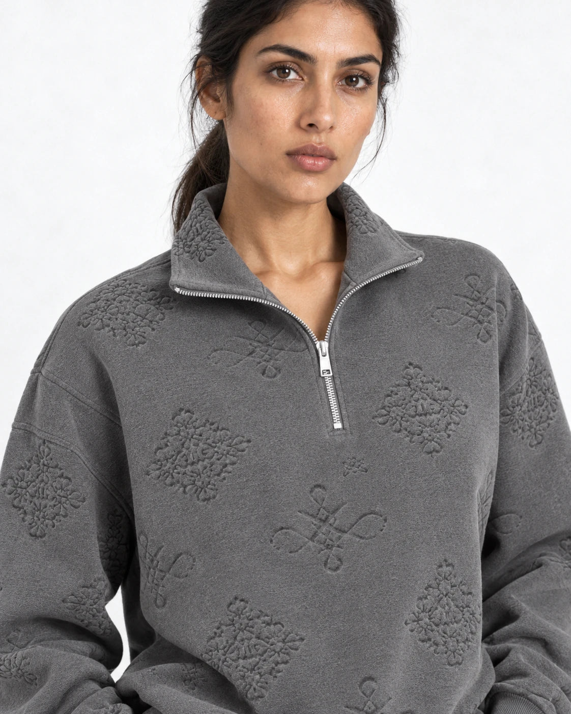 MOMANI Emblem Quarter-Zip Sweatshirt in Grey, worn by a model, close detail