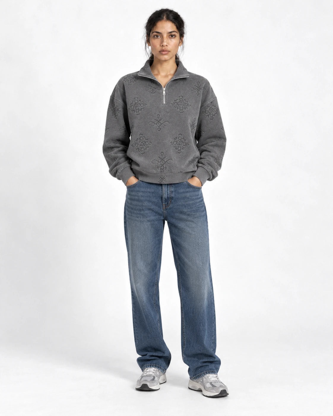 MOMANI Emblem Quarter-Zip Sweatshirt in Grey, worn by a model, front view