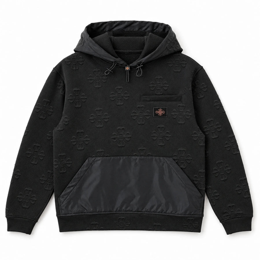 MOMANI Emblem Kangaroo Hoodie in Black, laid flat, front view