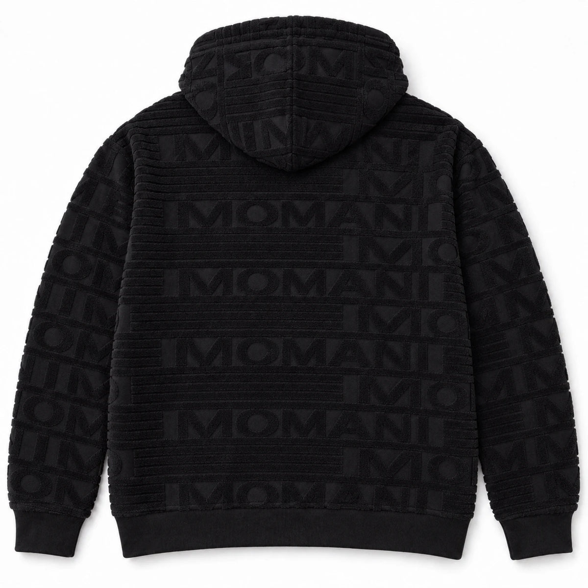 MOMANI Emblem Terry Hoodie in Black, laid flat, back view