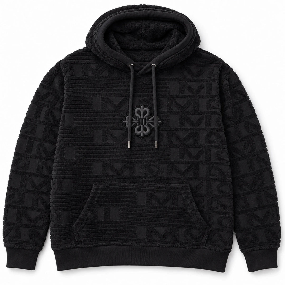 MOMANI Emblem Terry Hoodie in Black, laid flat, front view