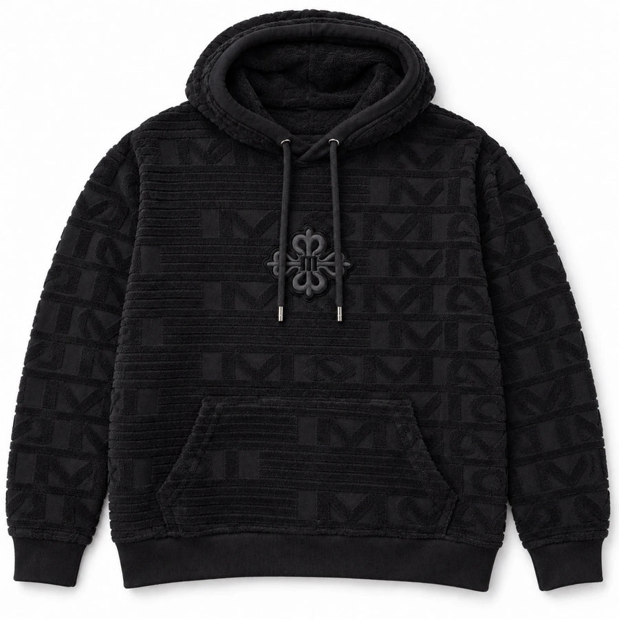 MOMANI Emblem Terry Hoodie in Black, laid flat, front view