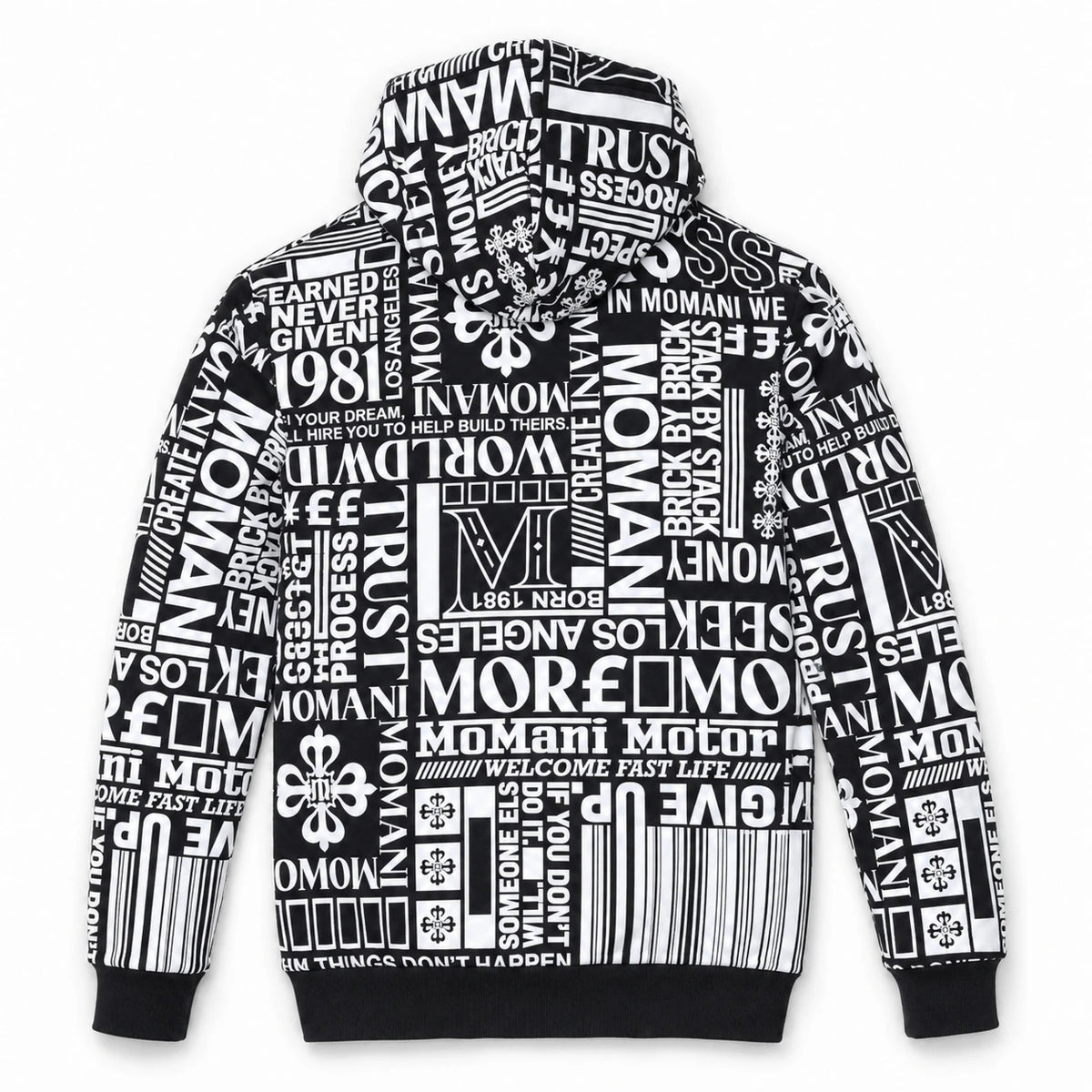 MOMANI Typographic Hoodie in Black, laid flat, back view