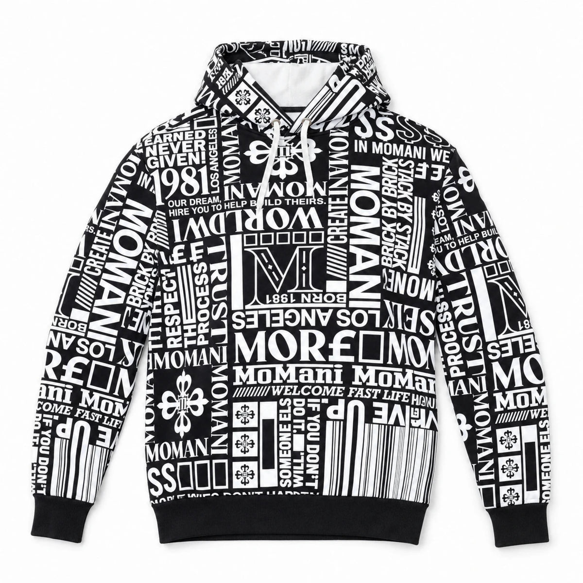 MOMANI Typographic Hoodie in Black, laid flat, front view