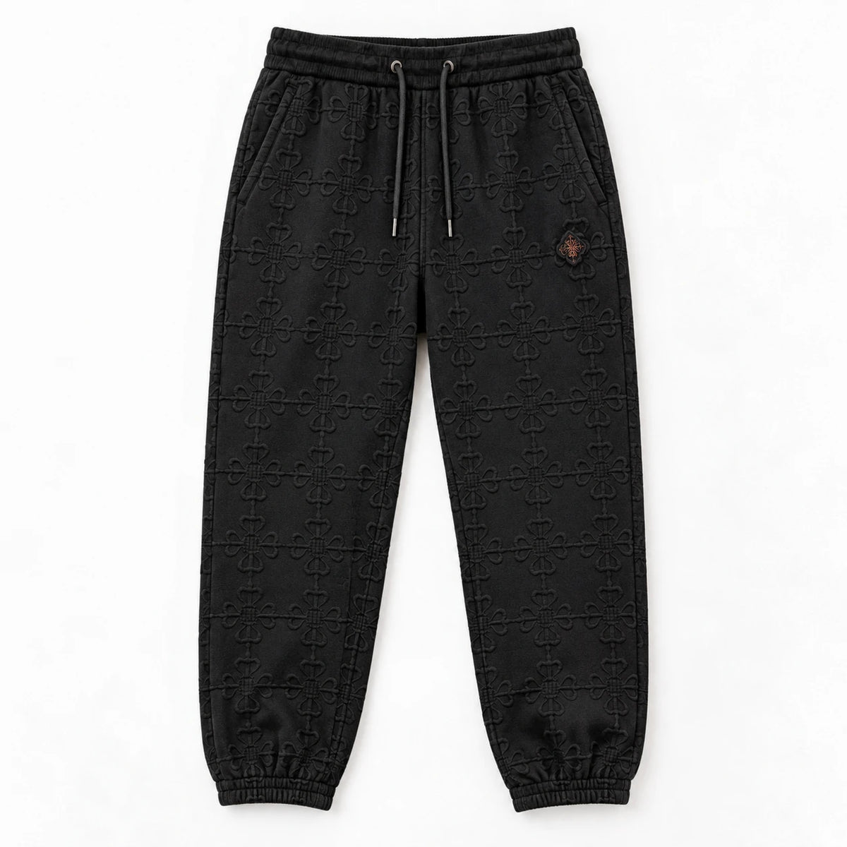 MOMANI Emblem Terry Trousers in Black, laid flat, front view