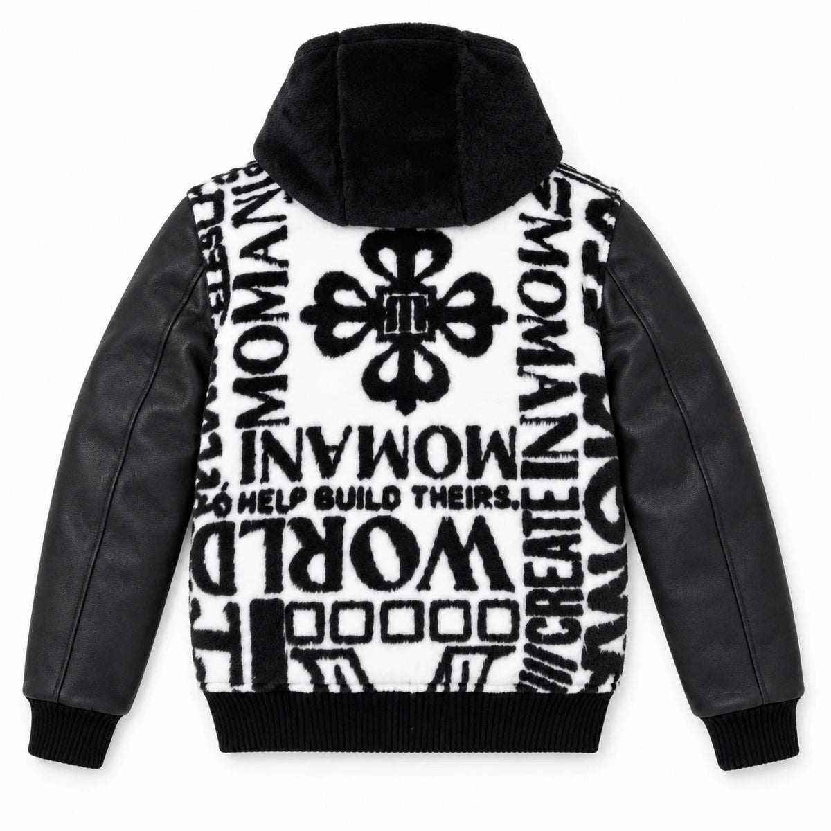MOMANI Typographic Hooded Coat in Black, laid flat, back view