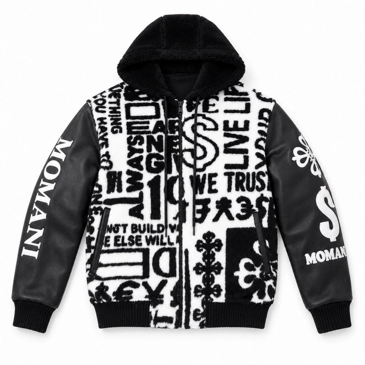 MOMANI Typographic Hooded Coat in Black, laid flat, front view