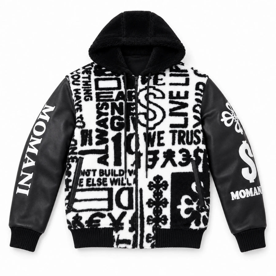 MOMANI Typographic Hooded Coat in Black, laid flat, front view