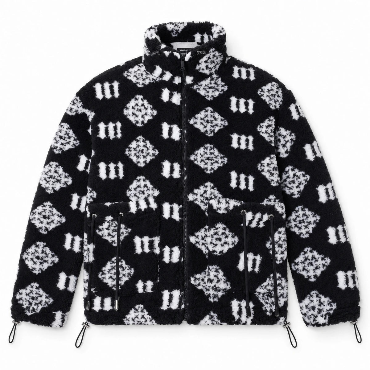MOMANI Monogram Fleece Coat in Black, laid flat, front view