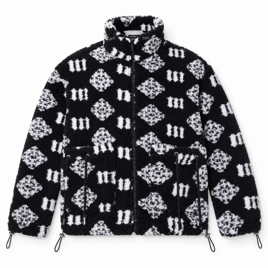 MOMANI Monogram Fleece Coat in Black, laid flat, front view