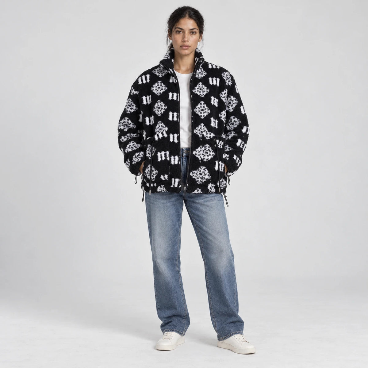 MOMANI Monogram Fleece Coat in Black, worn by a model, front view