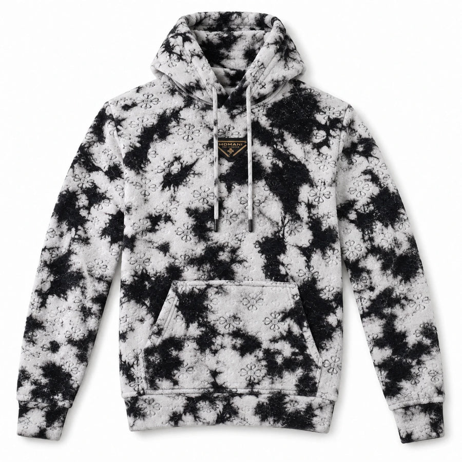 MOMANI Bleach Wash Zip Hoodie in Black / White, laid flat, front view